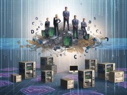 Fokusierte Spezialisten steuern moderne Systeme in einer digitalen Landschaft mit Touchscreens, während alte Computer im Hintergrund scheitern.