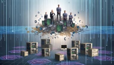 Fokusierte Spezialisten steuern moderne Systeme in einer digitalen Landschaft mit Touchscreens, während alte Computer im Hintergrund scheitern.