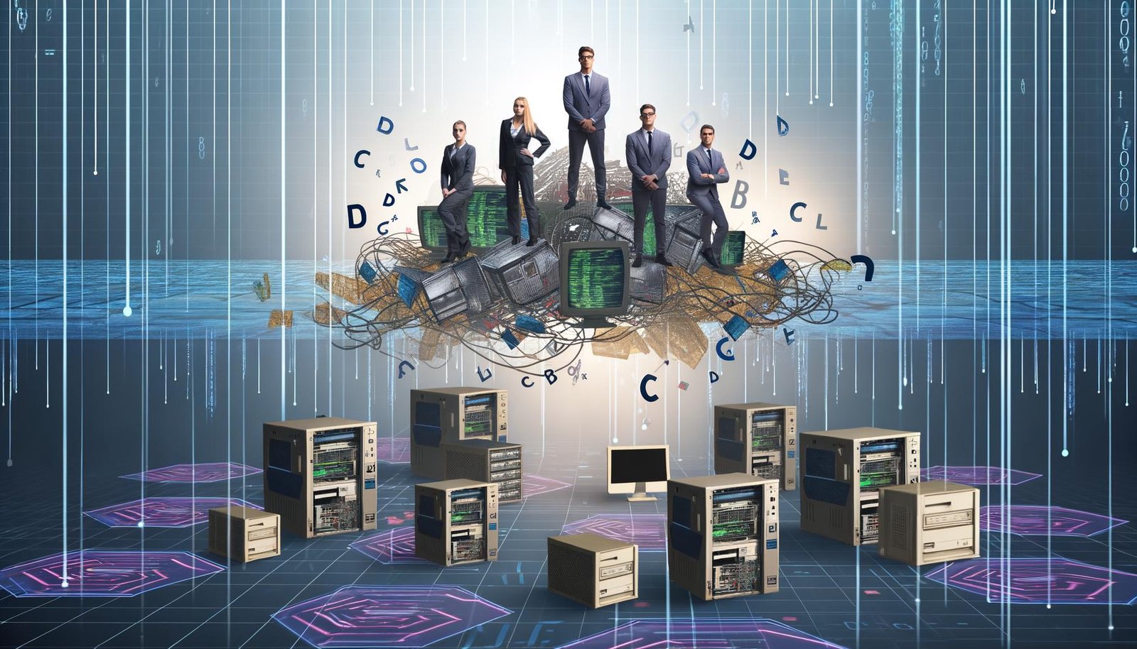 Fokusierte Spezialisten steuern moderne Systeme in einer digitalen Landschaft mit Touchscreens, während alte Computer im Hintergrund scheitern.