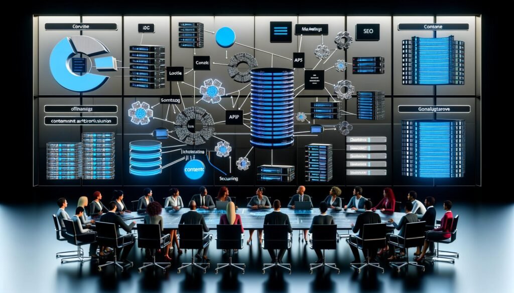 Modernes Büro mit mehreren Monitoren und Dashboards, zentrale Content-Cluster und vernetzten Websites, diverse Business-Personen aus IT, Marketing und Redaktion beraten sich vor digitalem Board.