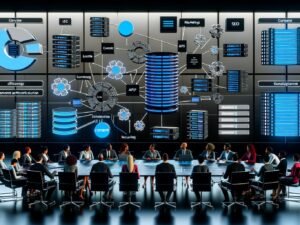 Modernes Büro mit mehreren Monitoren und Dashboards, zentrale Content-Cluster und vernetzten Websites, diverse Business-Personen aus IT, Marketing und Redaktion beraten sich vor digitalem Board.