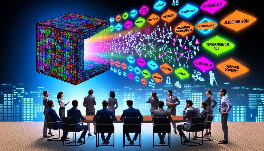 Ausdrucksstarke Collage mit metaphorischer Blackbox, Fachleuten aus Technik, Marketing und Recht, sowie Szenen zu Algorithmuserklärung, Compliance, Wertschöpfungsketten und einer digitalen Zukunftsvision rund um das Transparenzgesetz.