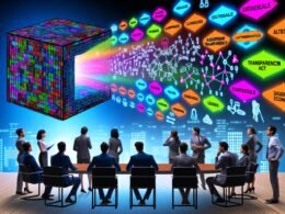 Ausdrucksstarke Collage mit metaphorischer Blackbox, Fachleuten aus Technik, Marketing und Recht, sowie Szenen zu Algorithmuserklärung, Compliance, Wertschöpfungsketten und einer digitalen Zukunftsvision rund um das Transparenzgesetz.