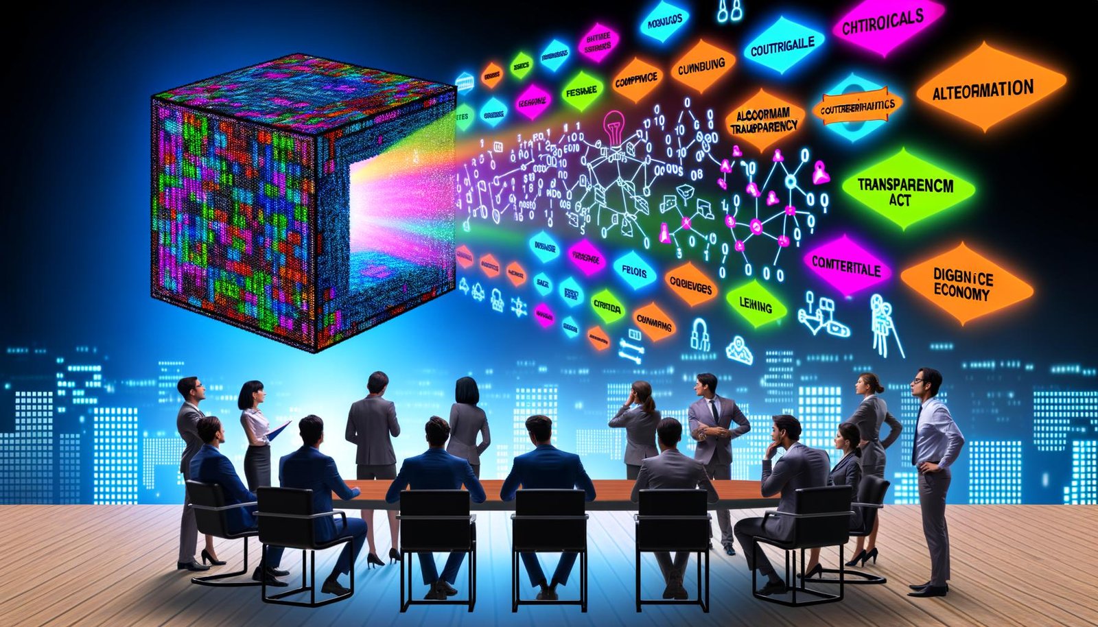 Ausdrucksstarke Collage mit metaphorischer Blackbox, Fachleuten aus Technik, Marketing und Recht, sowie Szenen zu Algorithmuserklärung, Compliance, Wertschöpfungsketten und einer digitalen Zukunftsvision rund um das Transparenzgesetz.