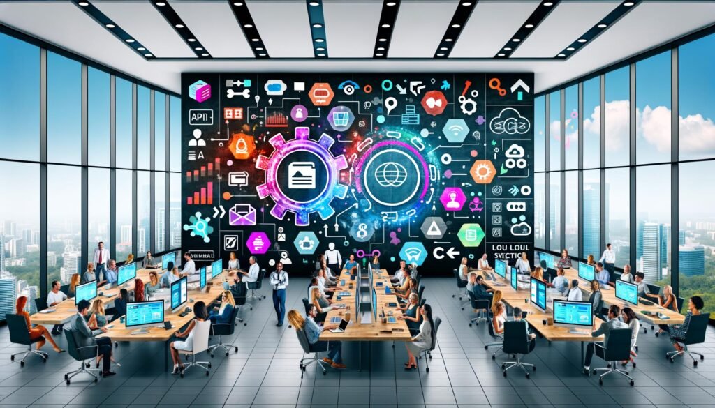 Team arbeitet in einem modernen Büro an Laptops und Tablets vor digitalen Screens mit farbigem Workflow, Automatisierungs-Icons, Headless CMS Interfaces und technologischer Vernetzung.