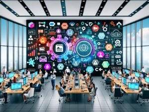 Team arbeitet in einem modernen Büro an Laptops und Tablets vor digitalen Screens mit farbigem Workflow, Automatisierungs-Icons, Headless CMS Interfaces und technologischer Vernetzung.