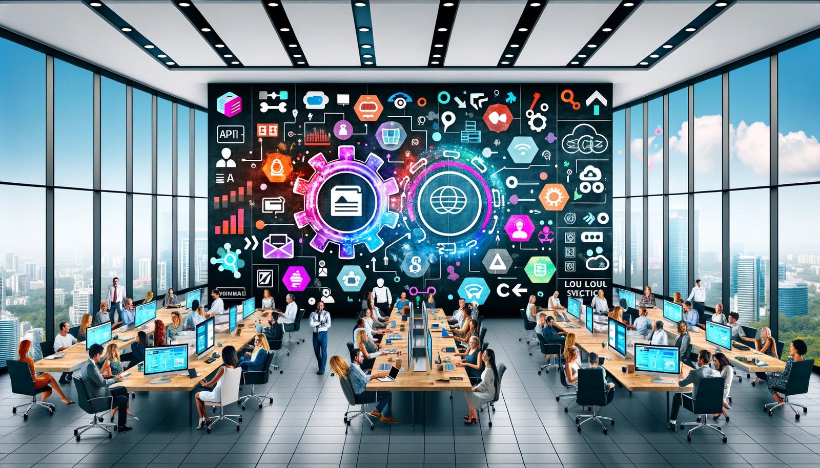 Team arbeitet in einem modernen Büro an Laptops und Tablets vor digitalen Screens mit farbigem Workflow, Automatisierungs-Icons, Headless CMS Interfaces und technologischer Vernetzung.