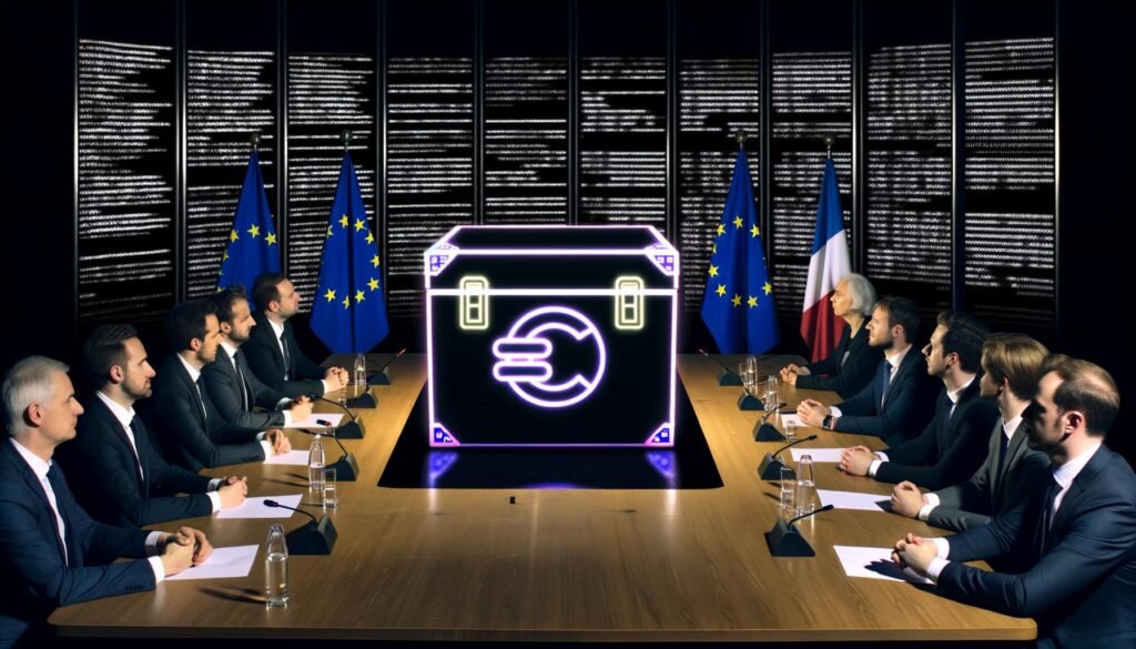 Konferenztisch mit EU-Politikern, Tech-Managern und Juristen, eine große Blackbox mit Neon-Schriftzug Transparenzgesetz steht in der Mitte, umgeben von EU-Flaggen, Tech-Logos und digitalen Codes an Glaswänden.