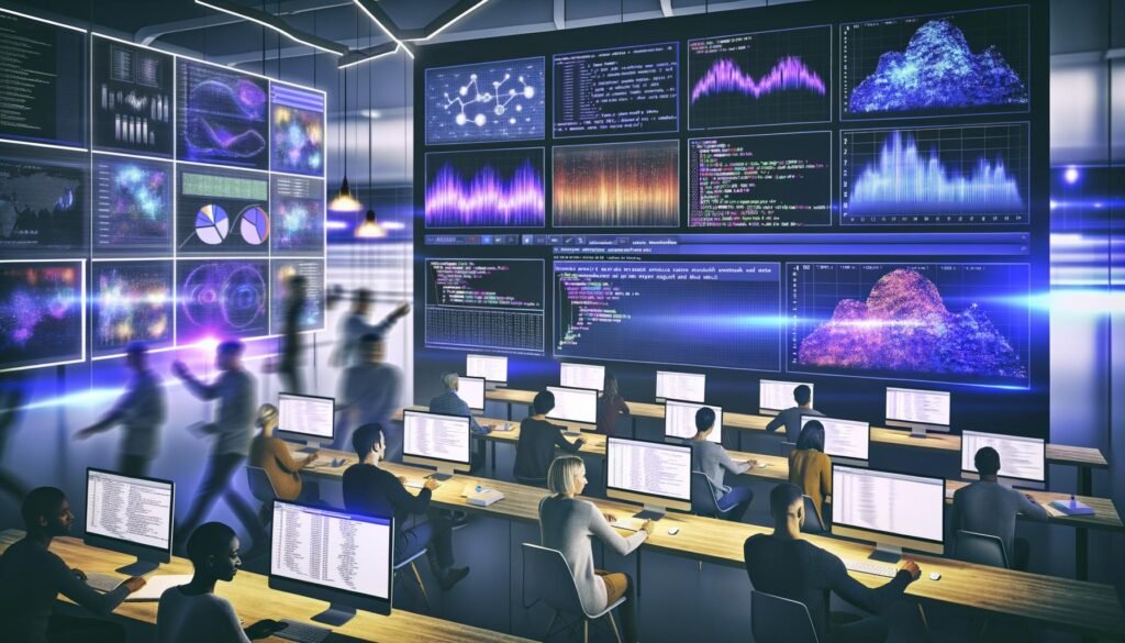 Mehrere Data Scientists arbeiten an Laptops und Monitoren mit modernen, interaktiven Datenvisualisierungen und Code in Jupyter Notebooks, Colab und VS Code; Excel-Diagramme stehen unbeachtet im Hintergrund.