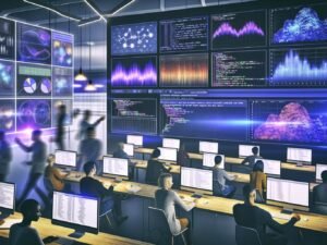 Mehrere Data Scientists arbeiten an Laptops und Monitoren mit modernen, interaktiven Datenvisualisierungen und Code in Jupyter Notebooks, Colab und VS Code; Excel-Diagramme stehen unbeachtet im Hintergrund.