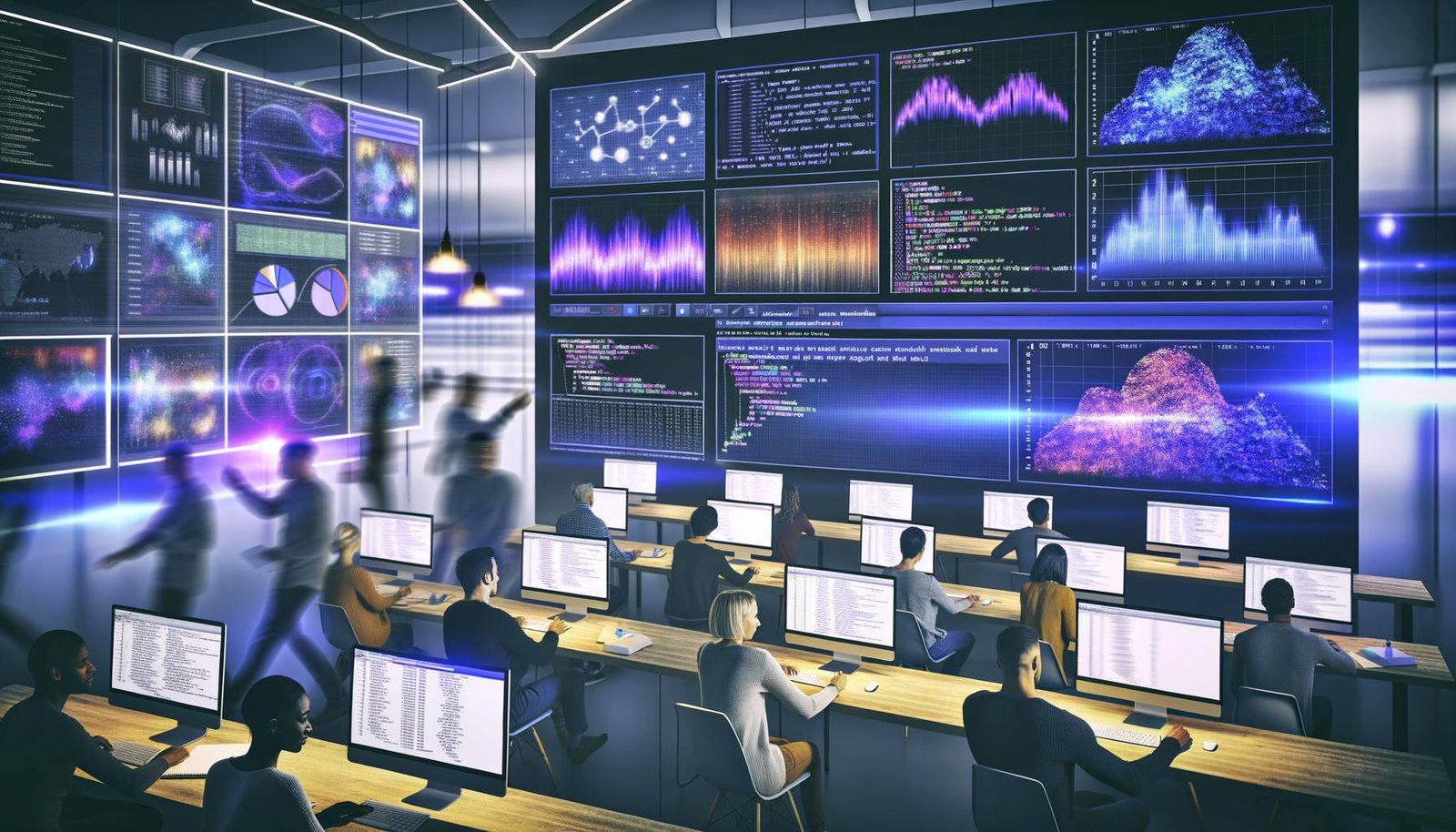 Mehrere Data Scientists arbeiten an Laptops und Monitoren mit modernen, interaktiven Datenvisualisierungen und Code in Jupyter Notebooks, Colab und VS Code; Excel-Diagramme stehen unbeachtet im Hintergrund.