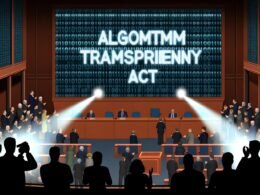 Politiker im Bundestag enthüllen ein großes, leuchtendes Schild mit 'Algorithmen Transparenzgesetz', umgeben von Presse, skeptischem Publikum und digitalen Symbolen im Hintergrund.