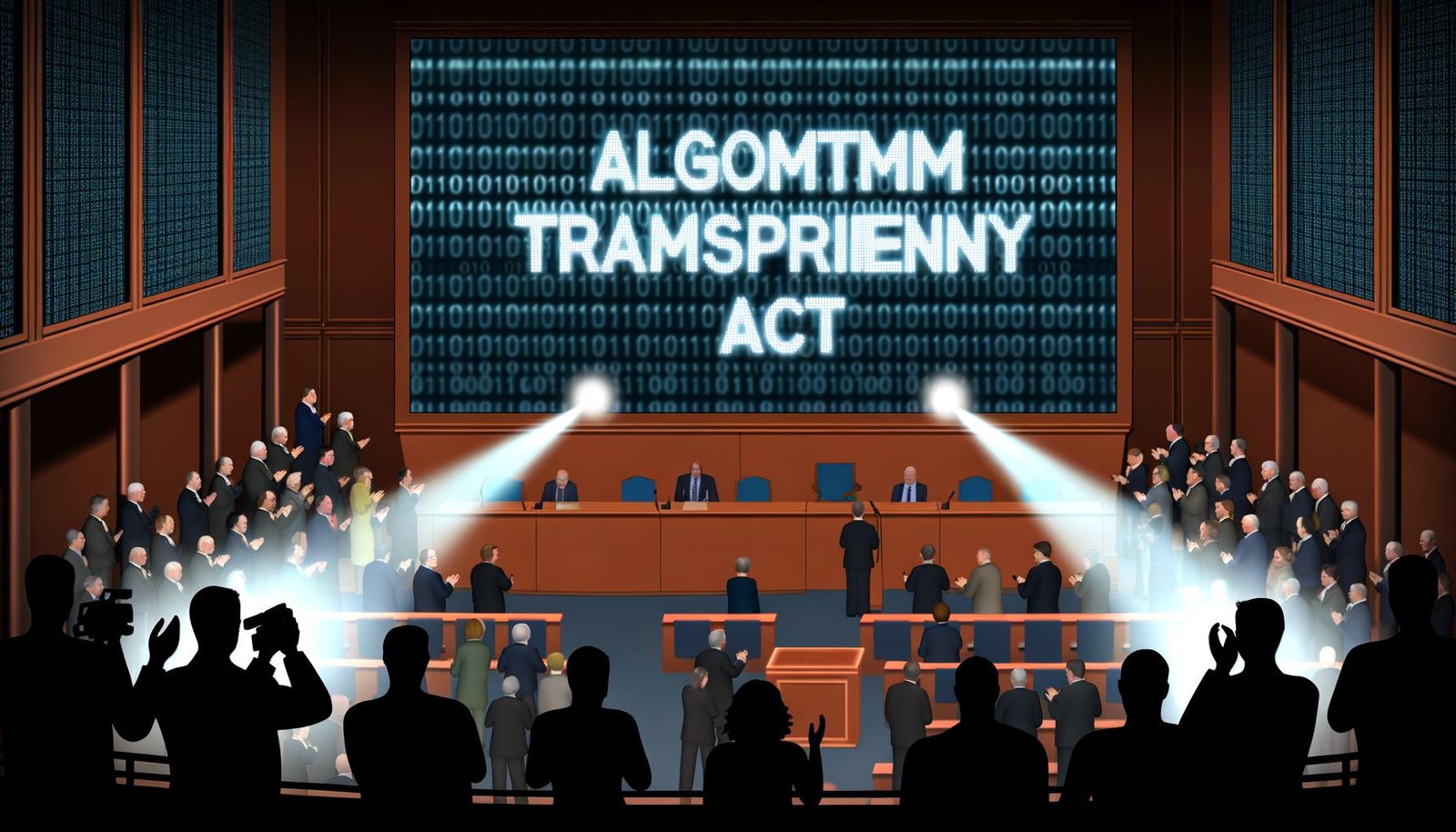 Politiker im Bundestag enthüllen ein großes, leuchtendes Schild mit 'Algorithmen Transparenzgesetz', umgeben von Presse, skeptischem Publikum und digitalen Symbolen im Hintergrund.
