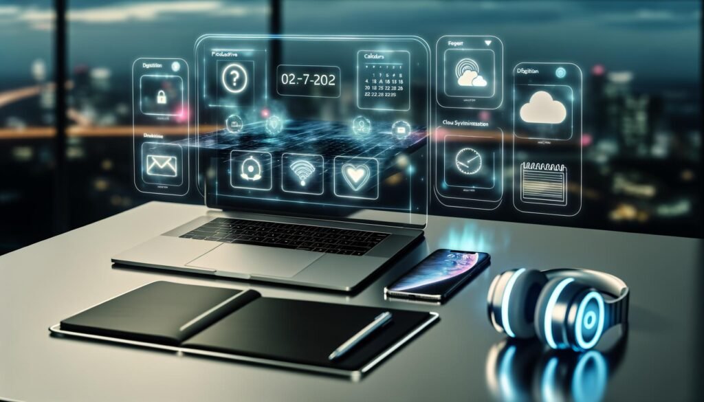 Futuristischer Schreibtisch im Jahr 2025 mit modernem Notebook, beleuchteten Wireless-Gadgets, geöffneten Apps und Skyline im Hintergrund.