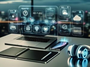 Futuristischer Schreibtisch im Jahr 2025 mit modernem Notebook, beleuchteten Wireless-Gadgets, geöffneten Apps und Skyline im Hintergrund.