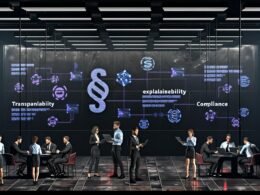 Fachleute analysieren Dokumente und Datenströme in einem modernen Neon-Büro, diskutieren Transparenz, Erklärbarkeit und Compliance vor Whiteboard mit Paragraphen-Schatten im Hintergrund.