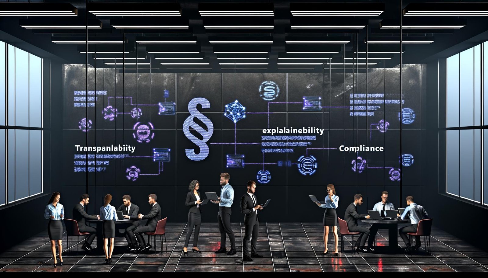 Fachleute analysieren Dokumente und Datenströme in einem modernen Neon-Büro, diskutieren Transparenz, Erklärbarkeit und Compliance vor Whiteboard mit Paragraphen-Schatten im Hintergrund.