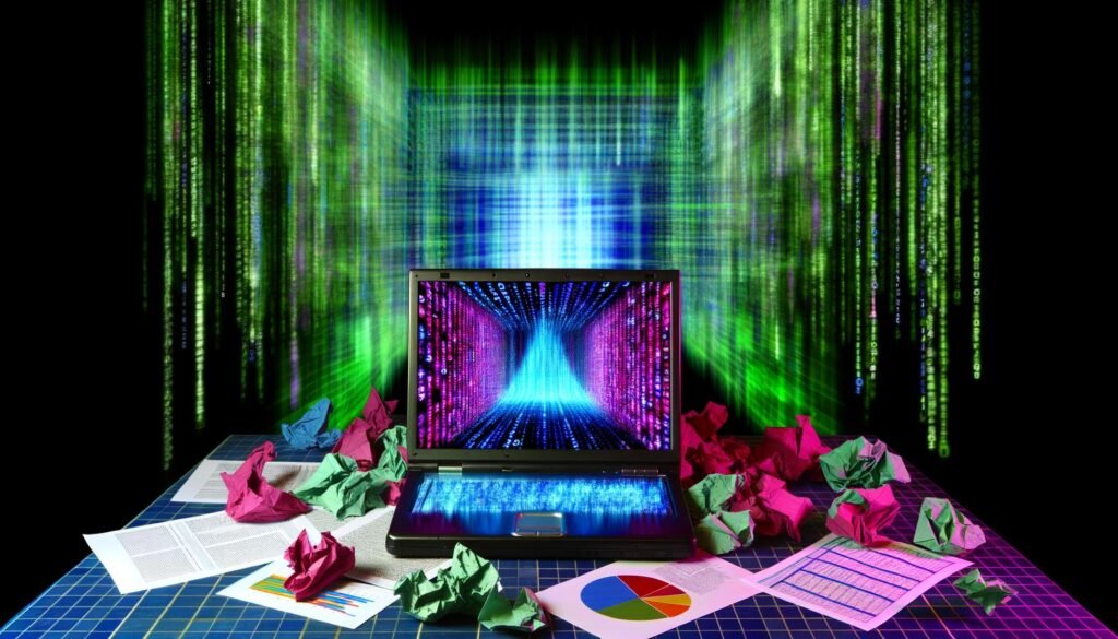 Futuristischer Arbeitsplatz mit leuchtendem Laptop, komplexen NumPy-Arrays auf dem Display, zerknüllten Excel-Tabellen und bunten PowerPoint-Diagrammen, im Hintergrund Matrix-artige Datenströme und digitale Diagramme.