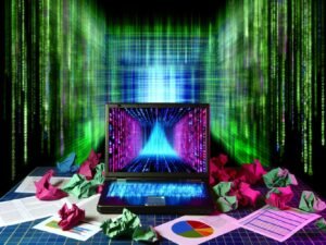 Futuristischer Arbeitsplatz mit leuchtendem Laptop, komplexen NumPy-Arrays auf dem Display, zerknüllten Excel-Tabellen und bunten PowerPoint-Diagrammen, im Hintergrund Matrix-artige Datenströme und digitale Diagramme.