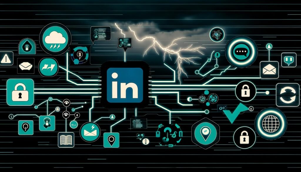 Dynamische Collage mit LinkedIn-Interface, ChatGPT-Dialogen, Blog-Content, fließenden API-Verbindungen, Analytics-Dashboard, Monitoring- und Datenschutzsymbolen sowie Blitzen im modernen Tech-Art-Stil.