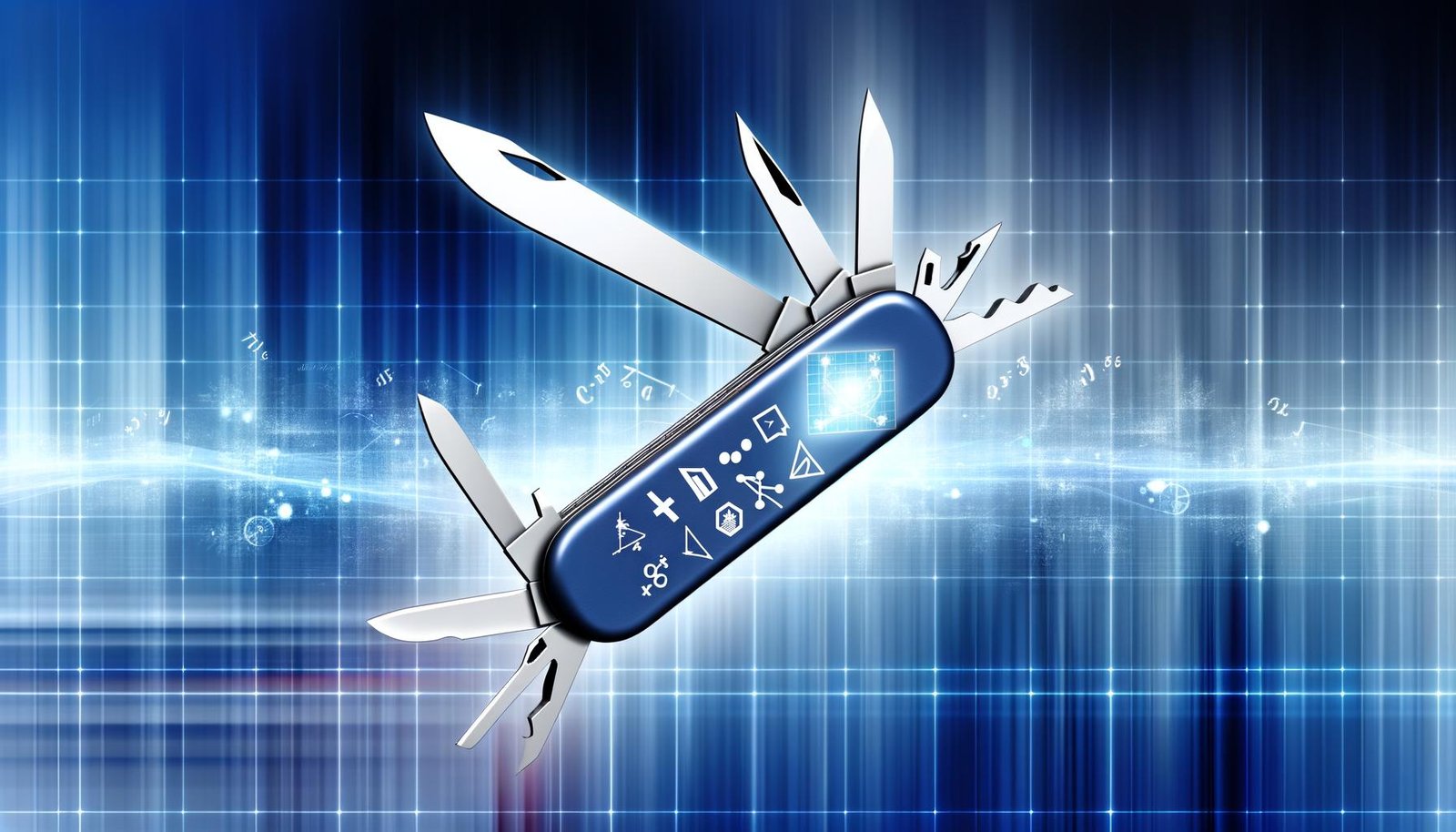 Heroische Illustration des NumPy-Logos als strahlendes Schweizer Taschenmesser mit mathematischen Symbolen und Datencharts vor digital-blauem, futuristischem Hintergrund.