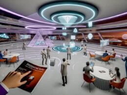 Futuristisches 3D-Metaverse-Büro im Jahr 2025 mit Avataren in Business-Outfits, interaktiven Magazinen, holografischen Cover-Displays und virtuellen Konferenztischen in einem tech-inspirierten Raum.