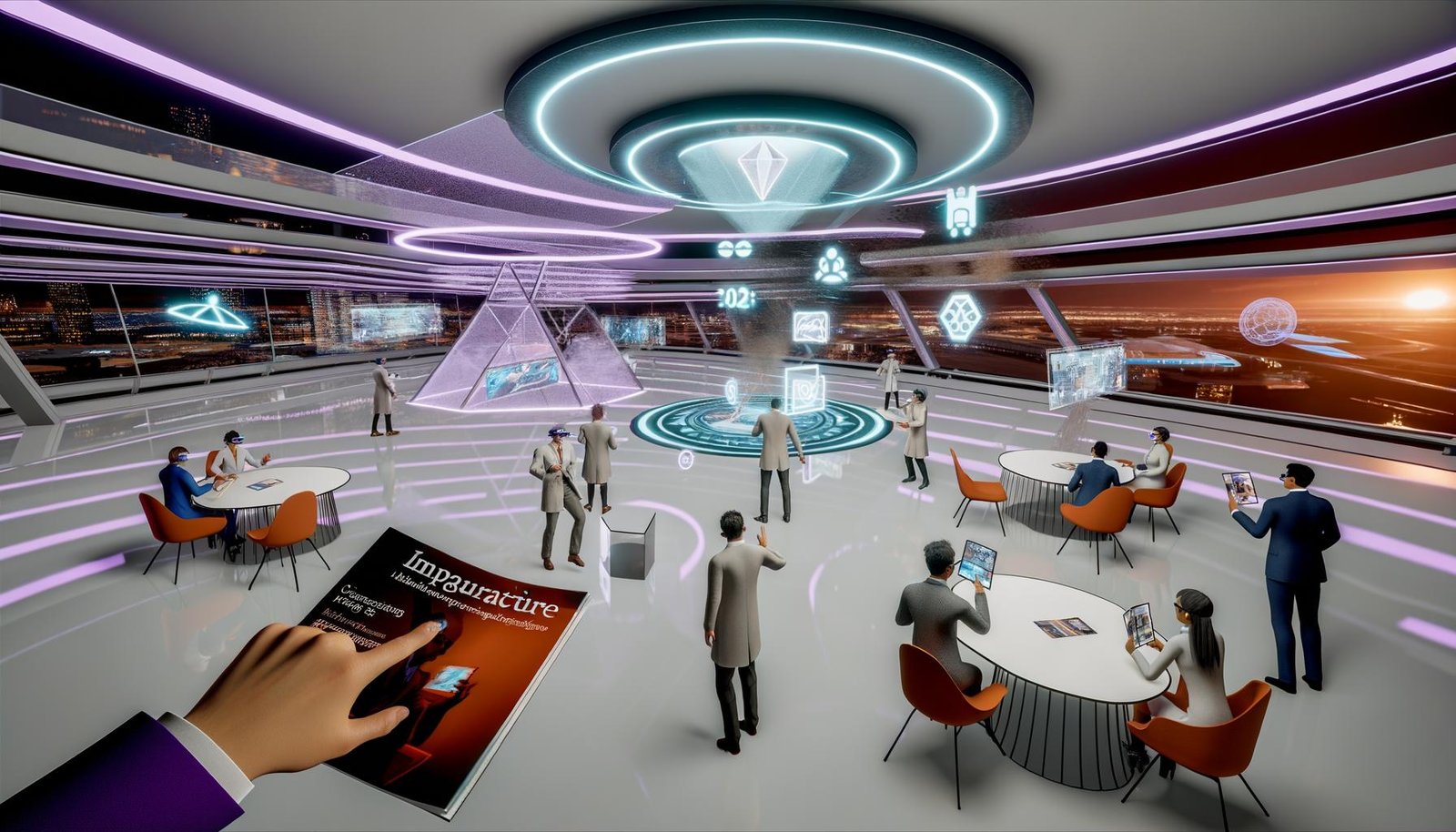 Futuristisches 3D-Metaverse-Büro im Jahr 2025 mit Avataren in Business-Outfits, interaktiven Magazinen, holografischen Cover-Displays und virtuellen Konferenztischen in einem tech-inspirierten Raum.