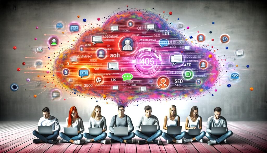 Junge, diverse Content-Marketing-Crew arbeitet an Laptops vor einer leuchtenden KI-Wolke mit digitalen Symbolen und bunten Verbindungslinien.