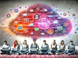 Junge, diverse Content-Marketing-Crew arbeitet an Laptops vor einer leuchtenden KI-Wolke mit digitalen Symbolen und bunten Verbindungslinien.