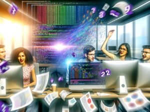 Begeistertes Marketing-Team betrachtet farbenfrohe Diagramme und Python-Code mit NumPy-Befehlen in modernem, lichtdurchflutetem Büro. Zerknüllte Excel-Tabellen im Hintergrund, schwebende Zahlen und glänzender Laptop im Vordergrund.