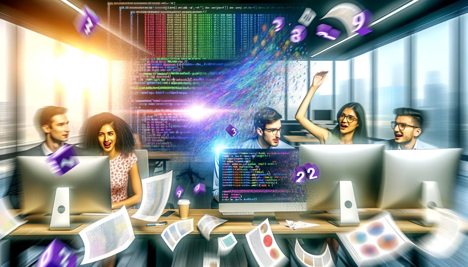 Begeistertes Marketing-Team betrachtet farbenfrohe Diagramme und Python-Code mit NumPy-Befehlen in modernem, lichtdurchflutetem Büro. Zerknüllte Excel-Tabellen im Hintergrund, schwebende Zahlen und glänzender Laptop im Vordergrund.