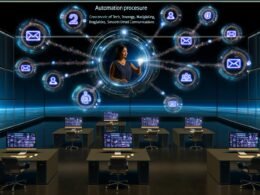 Geschäftsprofi steuert moderne B2B-Lead-Generierung mit vernetzten digitalen Tools wie LinkedIn, CRM, E-Mail und API in einem High-Tech-Arbeitsraum.