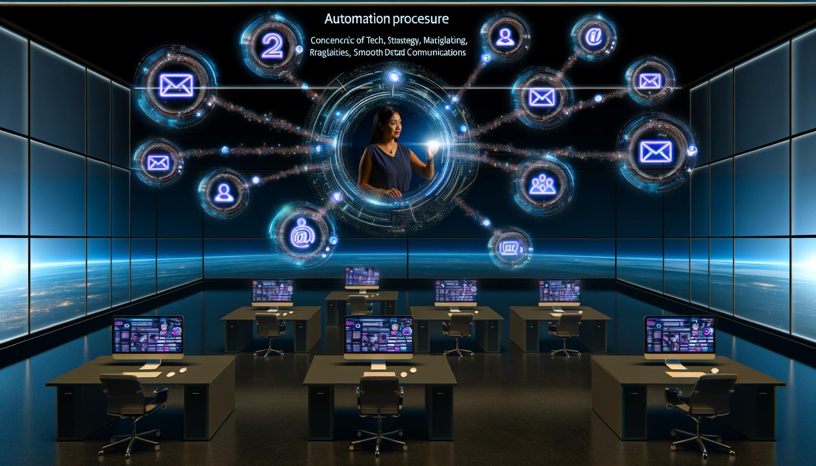 Geschäftsprofi steuert moderne B2B-Lead-Generierung mit vernetzten digitalen Tools wie LinkedIn, CRM, E-Mail und API in einem High-Tech-Arbeitsraum.