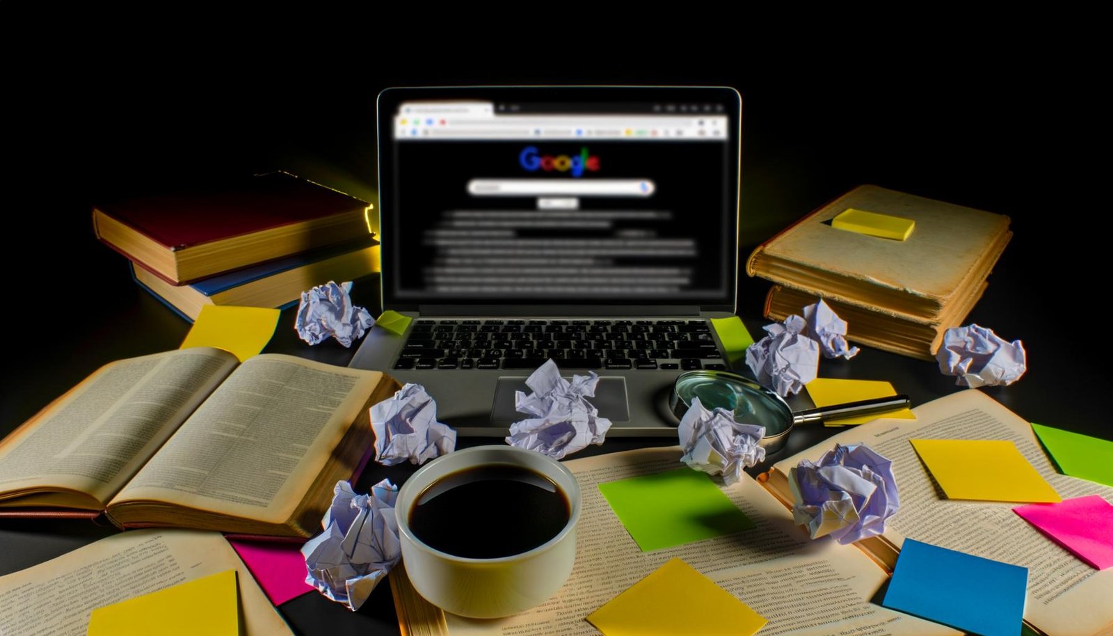 Ein überladener Schreibtisch mit Laptop, zerknüllten Notizzetteln, einer Tasse kaltem Kaffee, SEO-Fachbüchern und einer Google-Suche auf Seite 2, Sinnbild für Überforderung im SEO-Bereich.