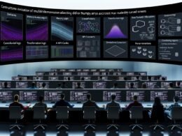 Futuristischer Kontrollraum mit dunklem Dashboard, das Nummern- und Heatmap-Visualisierungen, Leistungs- und Speicherstatistiken anzeigt, umgeben von Datenwissenschaftlern bei der Arbeit an Python-Code.