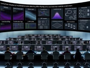 Futuristischer Kontrollraum mit dunklem Dashboard, das Nummern- und Heatmap-Visualisierungen, Leistungs- und Speicherstatistiken anzeigt, umgeben von Datenwissenschaftlern bei der Arbeit an Python-Code.
