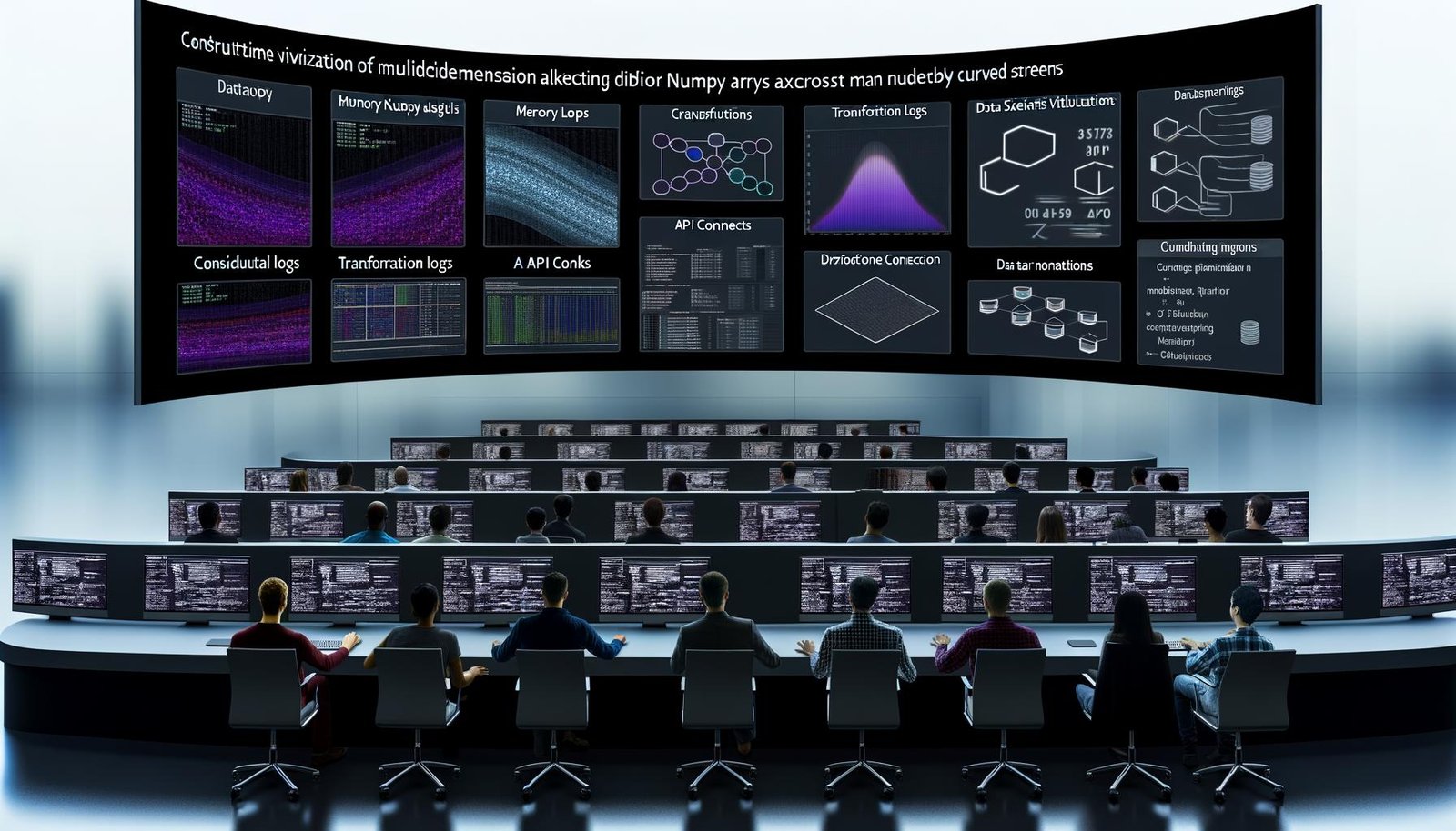 Futuristischer Kontrollraum mit dunklem Dashboard, das Nummern- und Heatmap-Visualisierungen, Leistungs- und Speicherstatistiken anzeigt, umgeben von Datenwissenschaftlern bei der Arbeit an Python-Code.