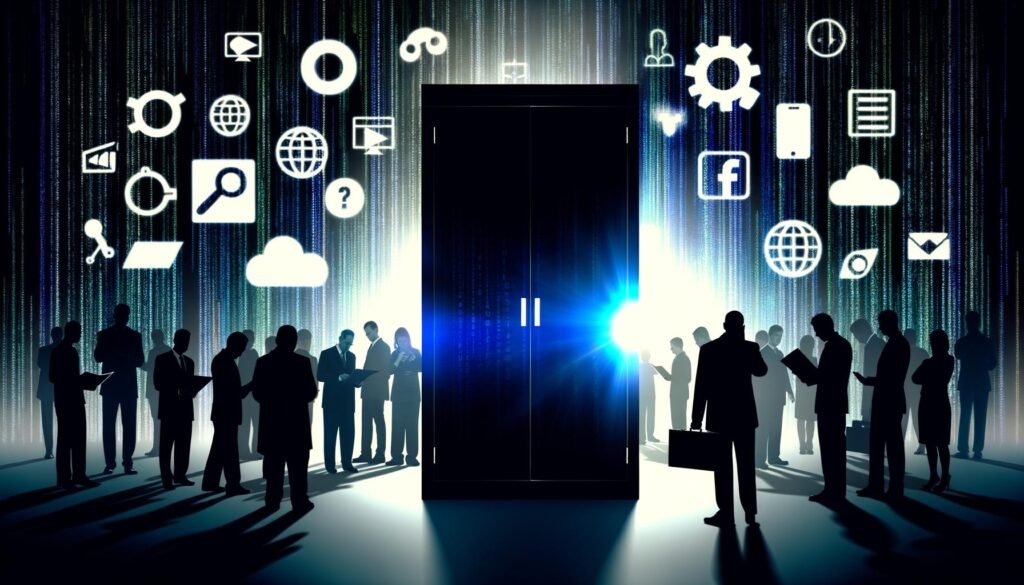 Symbolbild für algorithmische Intransparenz: Dunkler Server-Schrank als Blackbox, Licht und Binärcodes entweichen, Menschen verschiedener Berufsgruppen blicken fragend, Plattform-Icons wie Google, Meta und TikTok im Hintergrund.