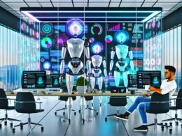 Futuristische Büroszene mit leuchtenden KI-Robotern, die an digitalen Content-Dashboards arbeiten, während ein Mensch am Rand skeptisch zuschaut.