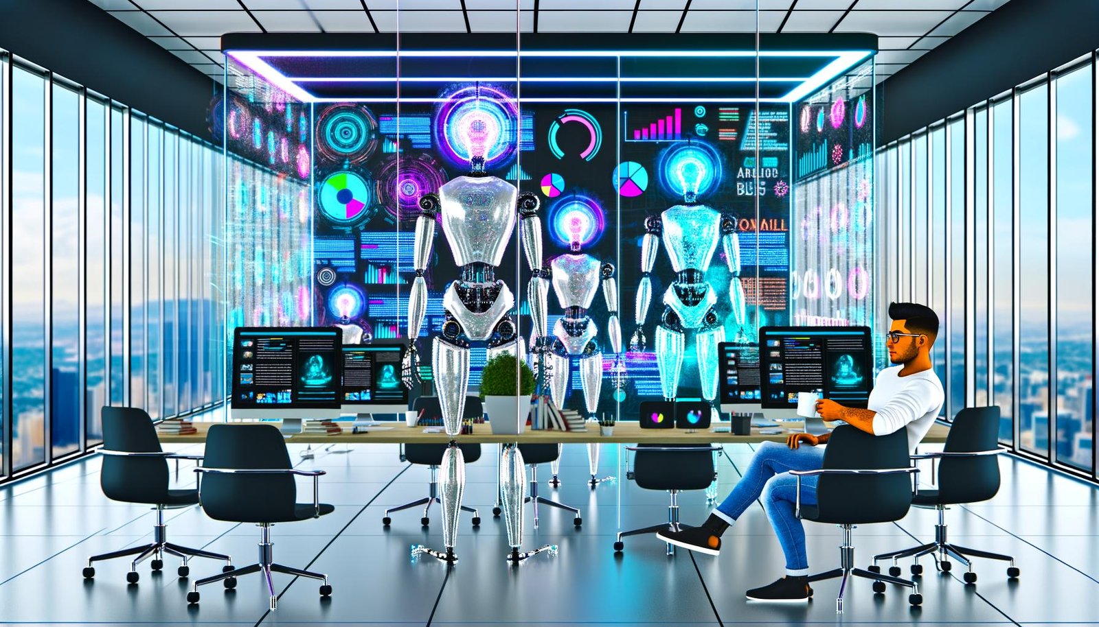 Futuristische Büroszene mit leuchtenden KI-Robotern, die an digitalen Content-Dashboards arbeiten, während ein Mensch am Rand skeptisch zuschaut.