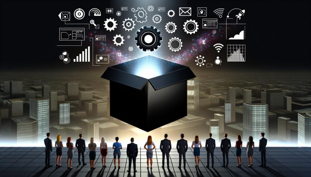 Moderne Illustration einer großen schwebenden Black Box über einer digitalen Stadt, mit Datenströmen und Marketing-Symbolen im Hintergrund, beobachtet von Menschen unterschiedlicher Branchen.