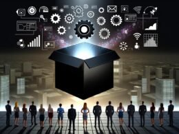 Moderne Illustration einer großen schwebenden Black Box über einer digitalen Stadt, mit Datenströmen und Marketing-Symbolen im Hintergrund, beobachtet von Menschen unterschiedlicher Branchen.