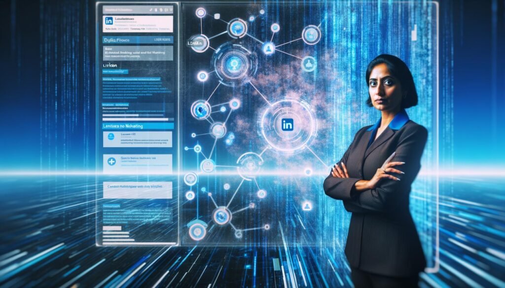 Futuristische B2B-Marketing-Expertin vor animierter LinkedIn-Oberfläche mit Datenströmen, KI-Algorithmen und leuchtenden Keywords in Hightech-Umgebung.