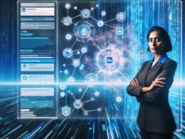 Futuristische B2B-Marketing-Expertin vor animierter LinkedIn-Oberfläche mit Datenströmen, KI-Algorithmen und leuchtenden Keywords in Hightech-Umgebung.