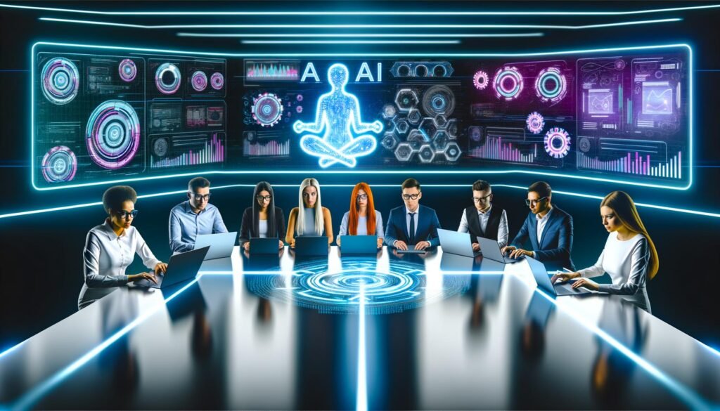 Fachleute verschiedener Herkunft arbeiten an Laptops und Tablets in einer futuristischen Redaktion mit Hologrammen, KI-Diagrammen und digitalen SEO-Analysen.