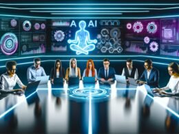 Fachleute verschiedener Herkunft arbeiten an Laptops und Tablets in einer futuristischen Redaktion mit Hologrammen, KI-Diagrammen und digitalen SEO-Analysen.