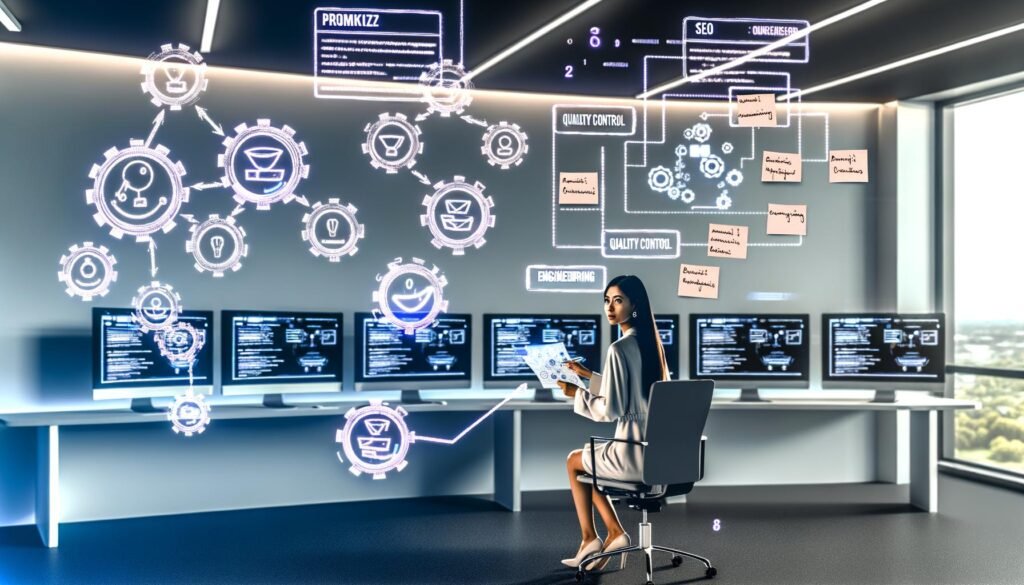 Moderner Arbeitsplatz eines Marketingspezialisten mit mehreren Monitoren, KI-Content-Entwürfen, Workflow-Diagrammen und Hinweisen auf Prompt-Engineering, Qualitätskontrolle sowie SEO. Zu sehen sind Roboterarme und digitale Automatisierungen.