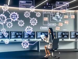 Moderner Arbeitsplatz eines Marketingspezialisten mit mehreren Monitoren, KI-Content-Entwürfen, Workflow-Diagrammen und Hinweisen auf Prompt-Engineering, Qualitätskontrolle sowie SEO. Zu sehen sind Roboterarme und digitale Automatisierungen.