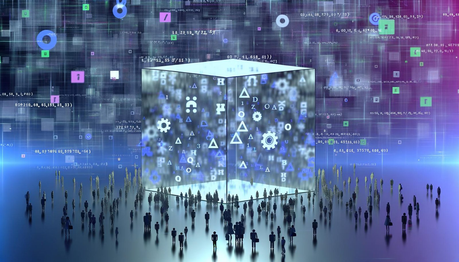 Futuristische Illustration eines transparenten Würfels mit schwebenden Algorithmen-Symbolen, umgeben von ratlosen Menschen und schemenhaften Google- und Meta-Logos im Hintergrund.