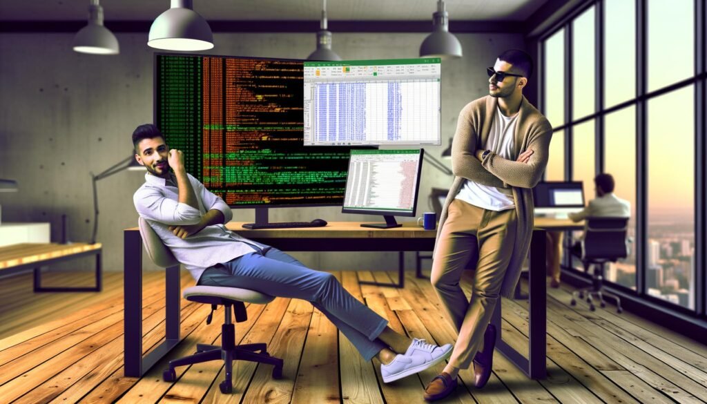 Moderner, aufgeräumter Schreibtisch mit zwei Monitoren: Links ein frustriertes Excel-User, rechts eine entspannte Marketerin vor Jupyter-Notebook mit buntem NumPy-Code.